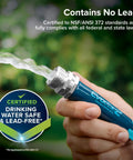 EvoFlex2 50 Foot RV Drinking Water Hose shown in use with water flowing, showcasing its lead-free certification and blue design.