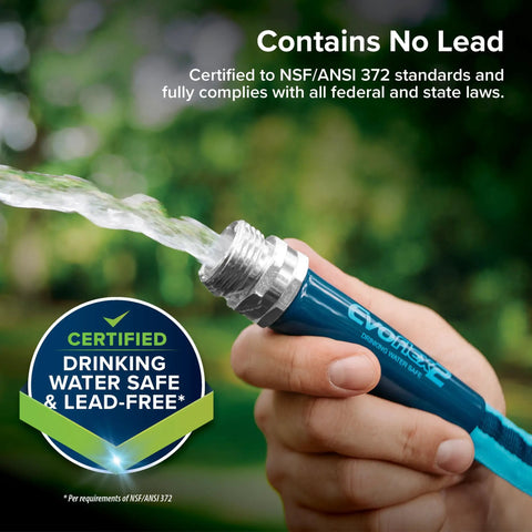 EvoFlex2 50 Foot RV Drinking Water Hose shown in use with water flowing, showcasing its lead-free certification and blue design.