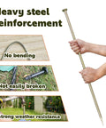 Hands holding a Beefy Heavy Duty 30 Inch Rebar Stakes 9 Sixteenth Inch Diameter Galvanized Steel Ground Anchor demonstrating durability.