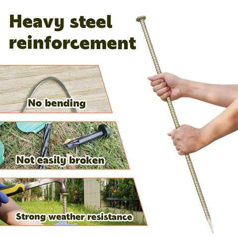 Hands holding a Beefy Heavy Duty 30 Inch Rebar Stakes 9 Sixteenth Inch Diameter Galvanized Steel Ground Anchor demonstrating durability.