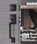 Matte Black Front Door Handle Set With Single Cylinder Deadbolt And Exterior Lever Lock For Home Or Office Modern Zinc Alloy Build Adjustable Latch For 1 3 8 To 1 3 4 Inch Doors Easy Install against wooden door