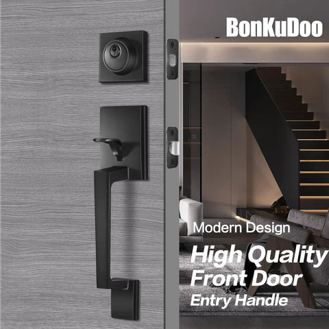 Matte Black Front Door Handle Set With Single Cylinder Deadbolt And Exterior Lever Lock For Home Or Office Modern Zinc Alloy Build Adjustable Latch For 1 3 8 To 1 3 4 Inch Doors Easy Install against wooden door