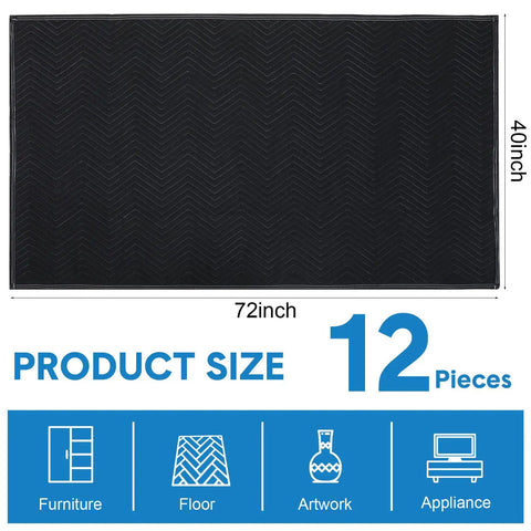 12 Pack Moving Blankets 72 By 40 Inches Heavy Duty Packing Pads Quilted Non Woven Furniture Covers in Black