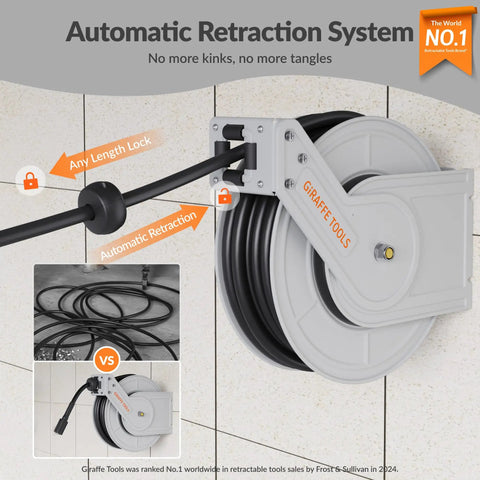 Beefy 65 Ft Pressure Washer Hose Reel With 3200 Psi Max Retractable Hose, wall-mounted, showing automatic retraction