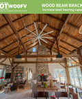 Indoor view highlighting wood beam bracket in cozy cabin with exposed wooden ceilings and large fan.