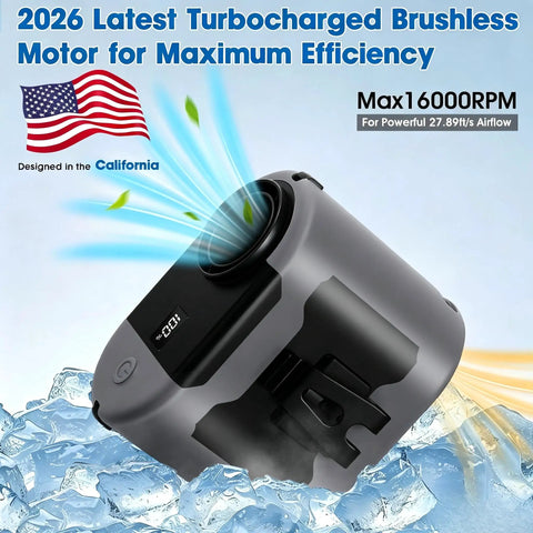 Rechargeable Wearable Waist Clip Fan With Light emitting air flow over ice, featuring turbocharged motor design.