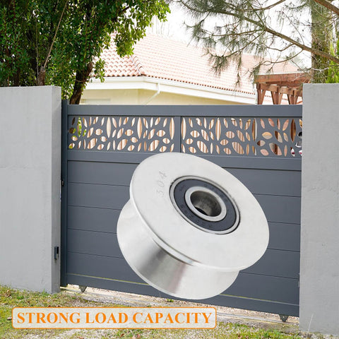 3 Inch V Groove Gate Wheel Stainless Steel Roller With Double Bearings in front of a sliding gate