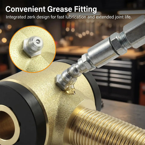 Heavy Duty Three Quarter Sixteen Thread Rod End Bushing Kit With Tough Polyurethane Sleeves close-up of grease fitting for lubrication.