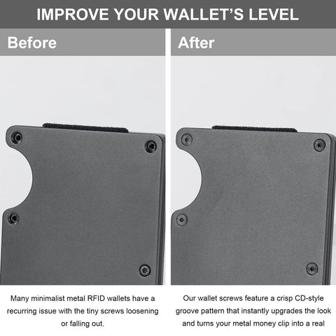 Before and after comparison of a Ridge wallet improved with Heavy Duty Replacement Screws Tailored For Ridge Wallets Featuring Hex And T5 Torx Drivers 22 Piece Matte Black Stainless Steel Kit.