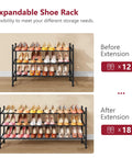 Expandable Three Tier Shoe Rack For Closet And Entryway, Adjustable From 28 To 41 Inches, Stackable Metal Shoe Organizer Display