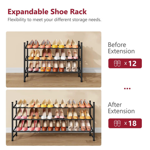 Expandable Three Tier Shoe Rack For Closet And Entryway, Adjustable From 28 To 41 Inches, Stackable Metal Shoe Organizer Display