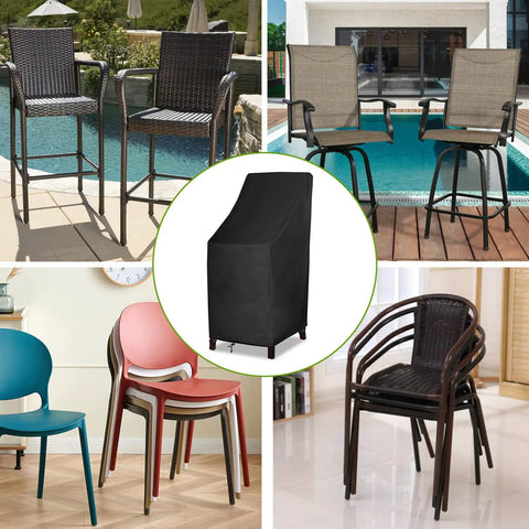 600D Heavy Duty Waterproof Stackable Patio Chair Covers For 4 To 6 High Back Chairs, shown on various chairs, 27x27x49 inches.