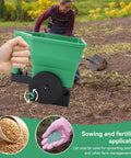 Person using 3L Handheld Lawn And Garden Spreader For Easy Seeding And Fertilizing Lightweight Seed And Fertilizer Spreader Tool