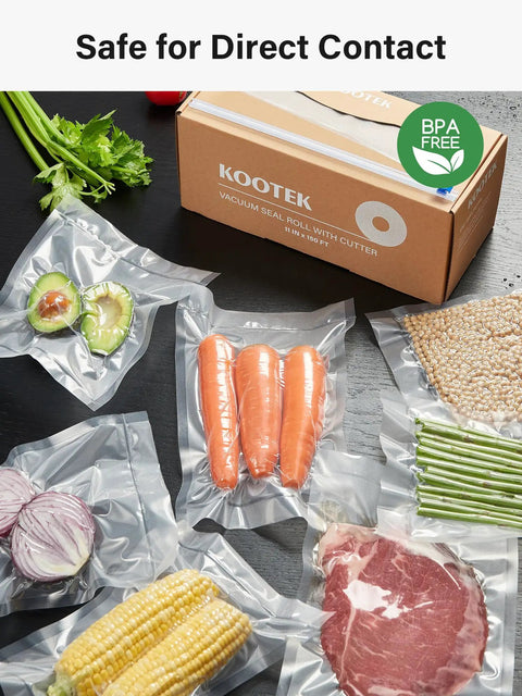 Packaged vegetables and meat with 11 Inch By 150 Foot Vacuum Sealer Bags Roll With Cutter Dispenser, BPA Free Commercial Grade.