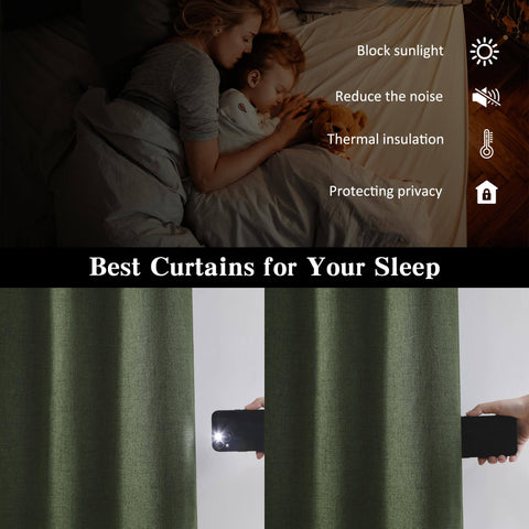 Extra Wide Linen Blackout Curtains With Hooks For Track System Sliding Doors, in loden olive green, shown blocking light