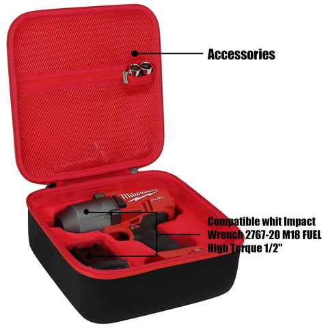 Durable Hard Case For Milwaukee 2767-20 M18 FUEL Half Inch Impact Wrench Case Only, open with wrench and accessories.