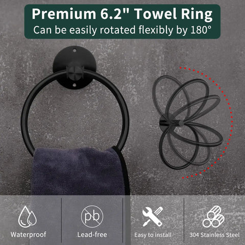 Matte Black 6 Piece Stainless Steel Bathroom Hardware Set With 16 Inch Wall Mount Hand Towel Bar Toilet Paper Holder Towel Ring And 3 Robe Hooks Dual Purpose Installation towel ring detail.