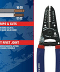 Image of Compact Wire Stripper And Cutter For Slick Electrical Work With Precision Shear Blades And A Comfortable Double Dipped Grip For 10 To 20 AWG Solid Wire, showing cutting capacities and features.