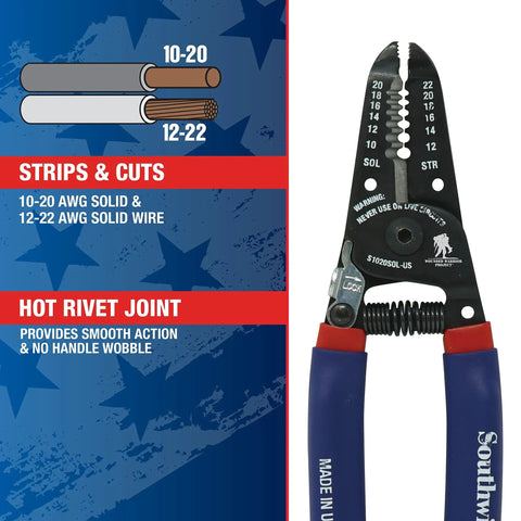 Image of Compact Wire Stripper And Cutter For Slick Electrical Work With Precision Shear Blades And A Comfortable Double Dipped Grip For 10 To 20 AWG Solid Wire, showing cutting capacities and features.
