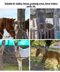 Stainless Steel Horse Tie Ring Kit With Magnetic Fastening System shown in stables, grooming areas, and outdoor hitching