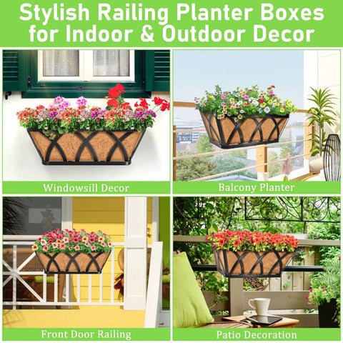 Image showing Two Pack 16 Inch Metal Railing Planters With Coco Liners Adjustable Window Box Flower Planters for various outdoor settings.