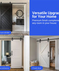 Heavy Duty Barn Door Hardware Kit With Handle For Smooth Sliding Doors Includes Track Rails And Rollers Durable Single Or Double Barn Door Assembly Black Finish Easy To Install Suitable For DIYers And Professionals installed in various rooms.