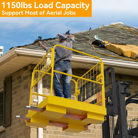 YINTATECH forklift safety cage, yellow 36x36-inch steel work platform with rails attached to a forklift boom, worker on roof.