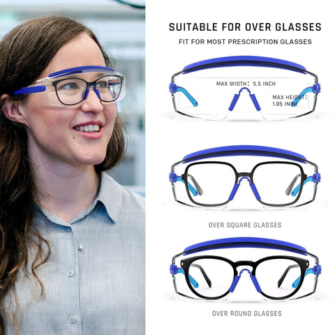 Anti Fog Safety Goggles Over Glasses With Scratch Resistant Lenses And Six Layer Anti Fog Coating adjustable frame shown on woman