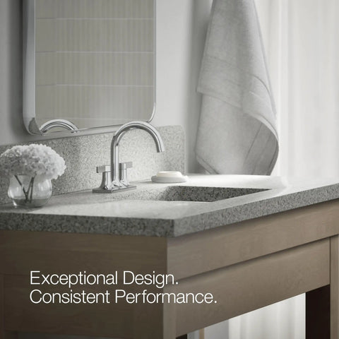 Venza Centerset Bathroom Sink Faucet With Dual Levers, 3 Hole Mount, polished chrome finish, modern vanity setup with towel