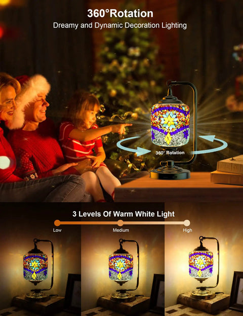Family enjoying 7 Color Mosaic Table Lamp With 360 Degree Rotating Color Changing Glass Handmade Antique Boho Bedside Lamp With 2 USB Ports Dope Bedroom Decor Gift Blue glowing on table.