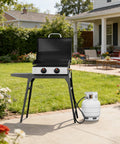 Outdoor setup with Six-Foot Propane Adapter Hose For Blackstone 17 And 22 Inch Tabletop Griddles With 90 Degree Elbow
