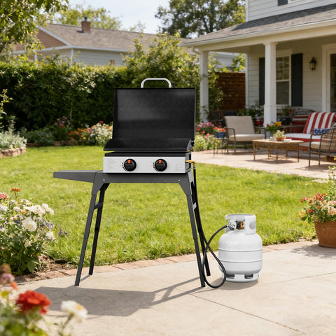 Outdoor setup with Six-Foot Propane Adapter Hose For Blackstone 17 And 22 Inch Tabletop Griddles With 90 Degree Elbow