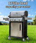 Gas grill mounted on four stainless steel caster wheels with a black cabinet, outdoors on grass.