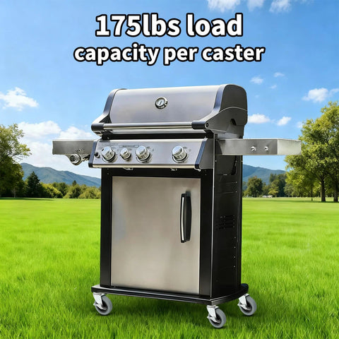 Gas grill mounted on four stainless steel caster wheels with a black cabinet, outdoors on grass.