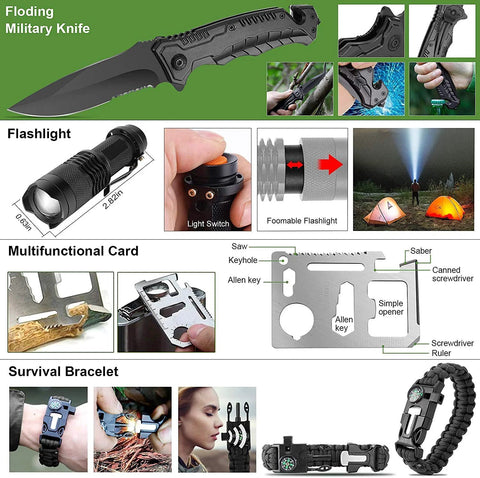216-piece outdoor survival first aid kit in green, includes folding knife, flashlight, multifunctional card, and survival bracelet