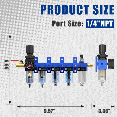 Pro Grade All In One 1/4 Inch NPT Air Filter Regulator Lubricator Combo with size dimensions shown