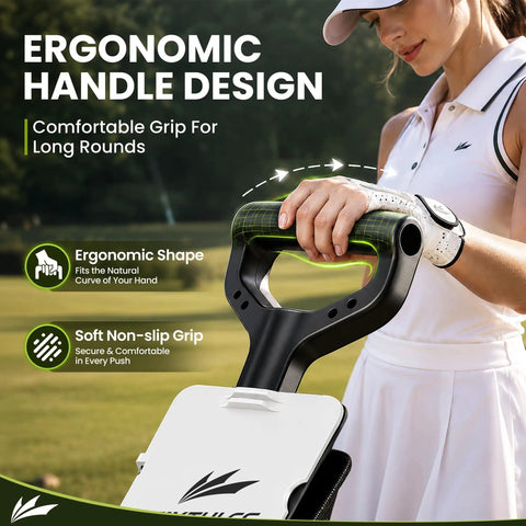 Top Shelf Two Wheel Golf Pull Cart Lightweight Foldable Push Cart Built From Heavy Duty Steel With Quick Adjust Straps providing ergonomic handle grip design.