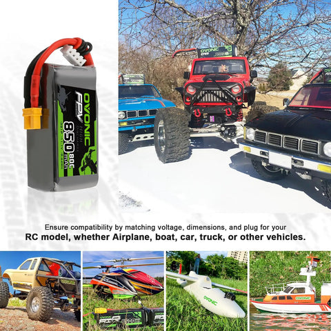 Beast Mode 850mAh 11.1V 3S LiPo Battery Pack With XT30 Connector next to RC vehicles, showcasing versatility in use.