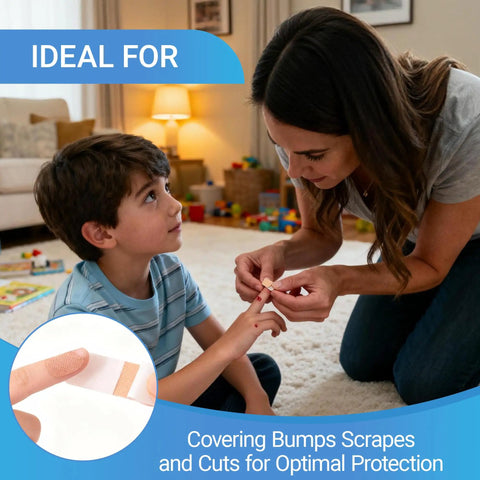 Adult applying Heavy Duty Waterproof Adhesive Bandages Three Quarter By Three Inch Bulk Pack Of One Thousand Plastic PE Strip Bandages With Nonstick Pad Breathable For Small Wounds Must Have First Aid Essential For Home School And Work to child's finger.