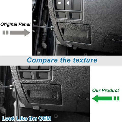 Comparison of original Subaru panel and Discreet Fuse Box Coin Tray For Subarus Exact Fit Stash Cash And Cards In Your Fuse Box With No Slip Red Liner, both installed and showcasing texture match.