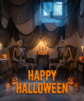 Badass Halloween Creepy Cloth Five Piece Black Pack Stretchy Cotton Fabric 30 X 72 Inch used as drapery in a spooky Halloween room.