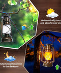 Bronze Vintage Solar Lanterns Two Pack Outdoor Lights With LED for camping hung outdoors, showing auto solar charge and light on feature.