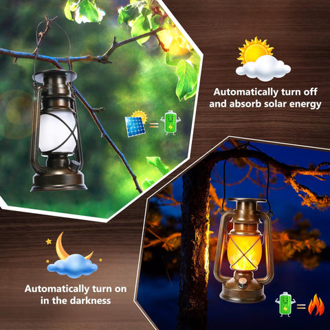 Bronze Vintage Solar Lanterns Two Pack Outdoor Lights With LED for camping hung outdoors, showing auto solar charge and light on feature.