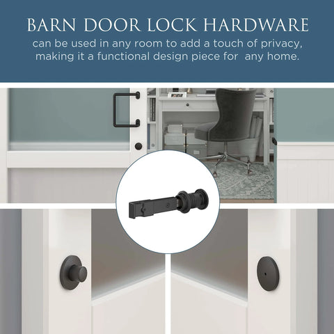 Sliding Barn Door Privacy Lock With Emergency Release Matte Black Finish 5 Inch Latch for single or bypass doors shown in room setting