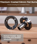 Slick Single Dose Espresso Grinder Featuring Variable Speed Stepless Control And A 64 Mm Titanium Flat Burr with precision grinding features.