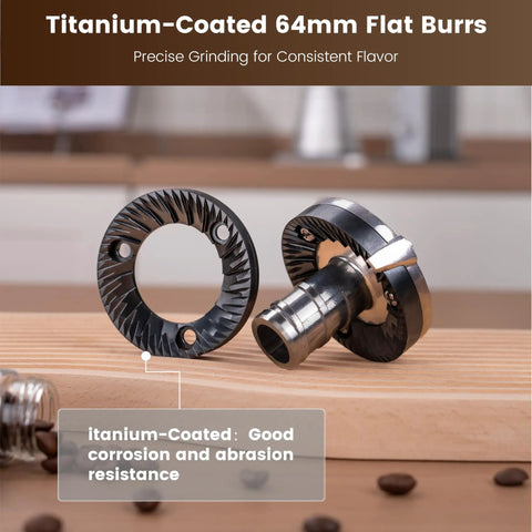 Slick Single Dose Espresso Grinder Featuring Variable Speed Stepless Control And A 64 Mm Titanium Flat Burr with precision grinding features.