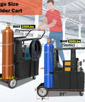 Beefy Heavy Duty Rolling Welder Cart With 360 Swivel Wheels holding welding tanks, showing dynamic and static load capacities.