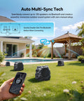 Outdoor rock speakers in garden with Bluetooth connection setup, shown with mobile app control, highlighting sync feature.