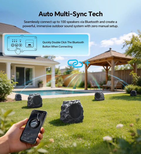 Outdoor rock speakers in garden with Bluetooth connection setup, shown with mobile app control, highlighting sync feature.