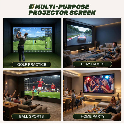 3D Air Mesh Golf Impact Screen For Home Practice And Indoor Outdoor Swing Training showing golf practice, gaming, and social use